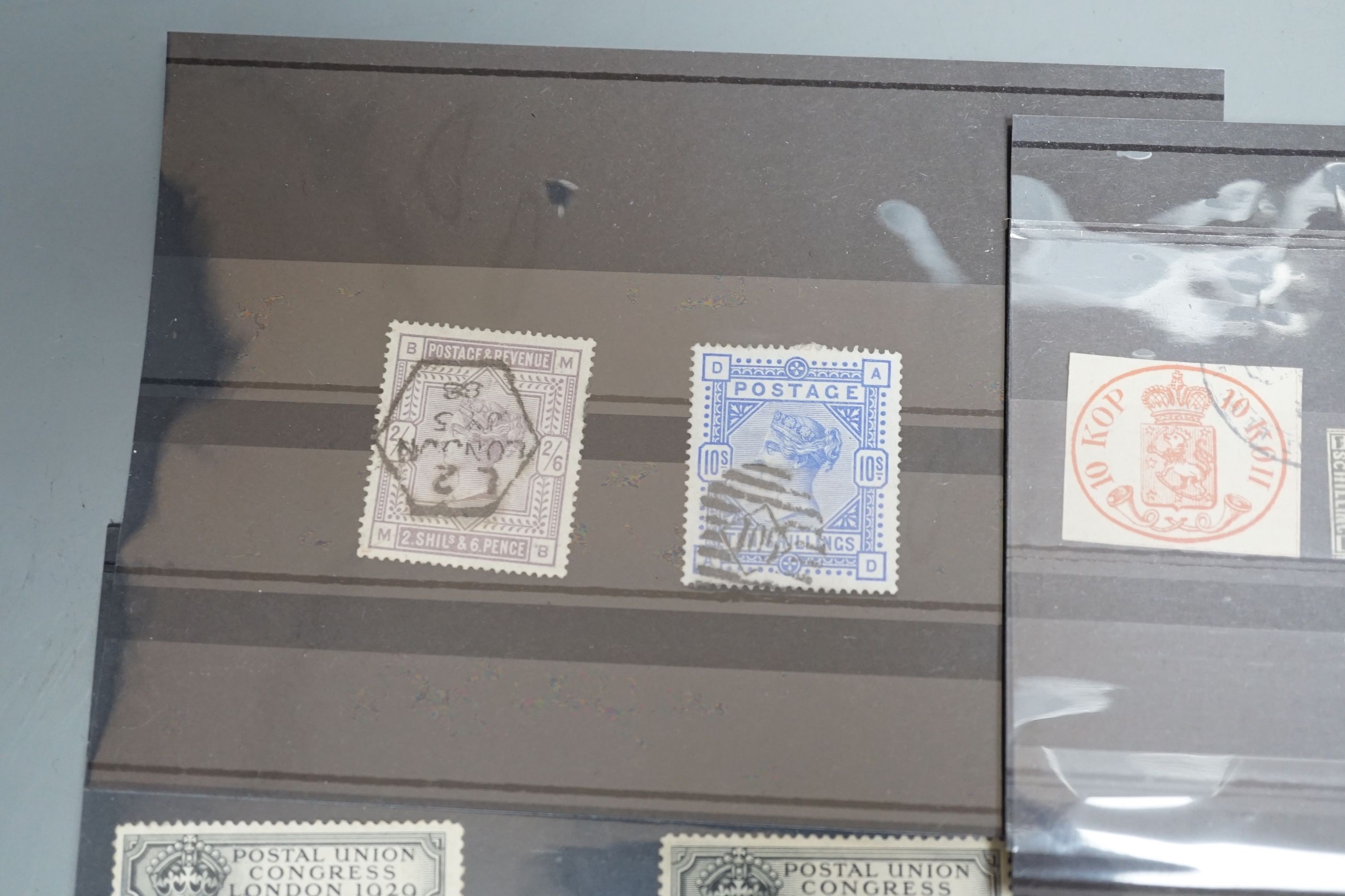 A small group of stamps - GB 1840 1d black used, 1885 2sh.6d. 10sh. used, 1929 Puc £1 mint and £1 used and various